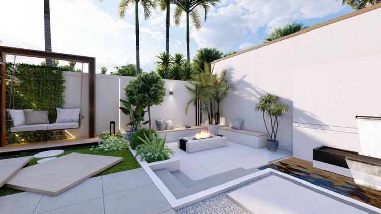 100平方现代简约大气别墅花园设计效果图-成都青望园林景观设计公司