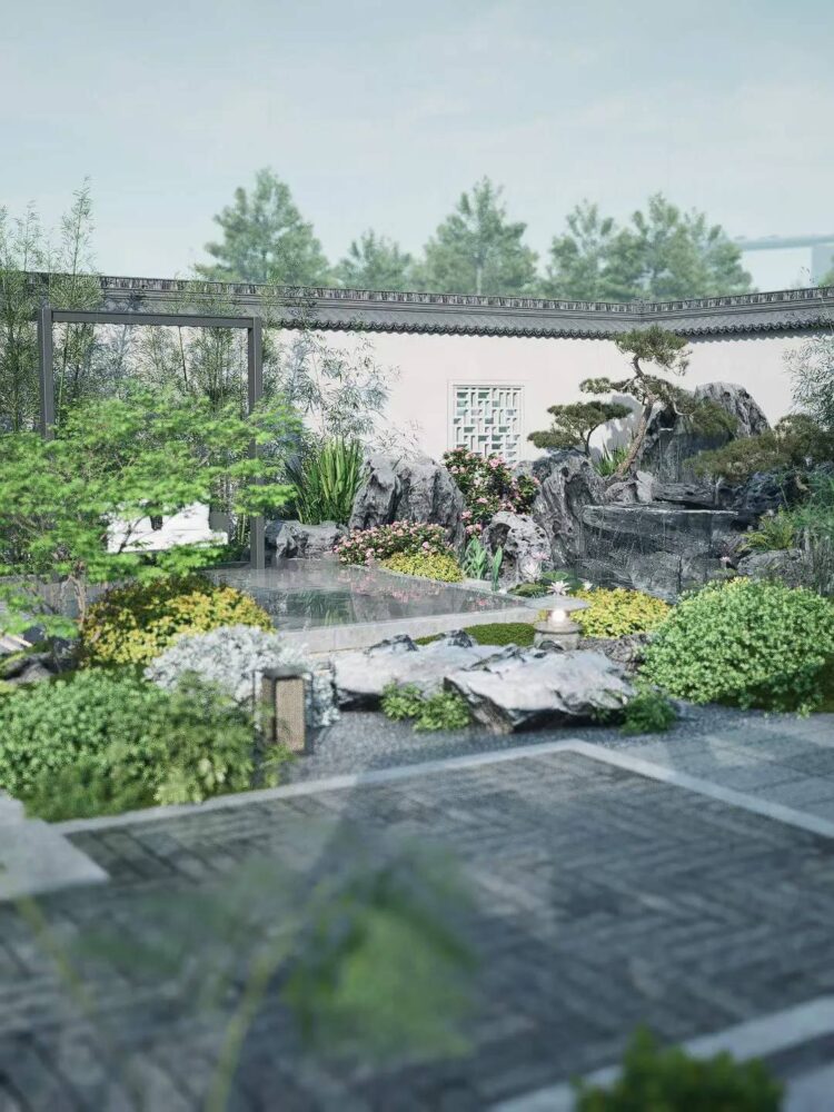 300㎡新中式庭院花园设计效果图方案-成都青望园林景观设计公司